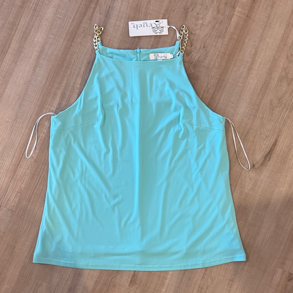 Turquoise Sleeveless Silk Top with Gold Chain Straps